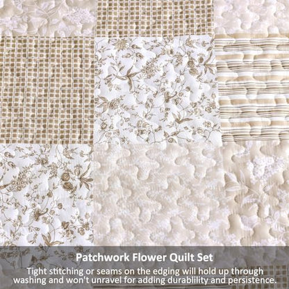 Mybedsoul Boho Quilts Queen Size, Beige Patchwork Floral Bedding Set