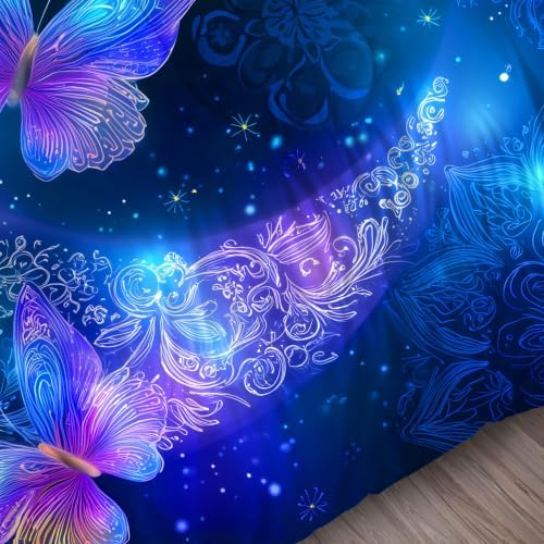 Blue Butterfly Comforter Set King, Moon Mandala Bedding for Girls