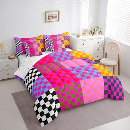 jejeloiu Colorful Plaid Comforter Set with Sheets 7 Piece Full Size