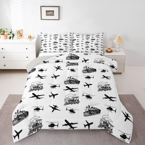 Feelyou Retro Vintage Train Comforter Set Queen Size Airplane Print Bedding Set for Kids Boys Girls Aircraft Transport Vehicles Duvet Quilt Bedroom Decor Microfiber 3 Pcs with 2 Pillow Cases