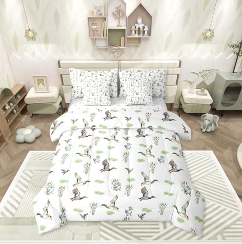 Erosebridal Mallard Duck 7 Piece Comforter Set Twin Bed in A Bag Woodland Wild Duck Bedding Set for Kids Boys Girls Waterfowl Flying Ducks Sheet Set Rustic Farmhouse Comforter Hunting Wildlife Theme