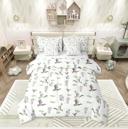 Erosebridal Mallard Duck 7 Piece Comforter Set King Bed in A Bag Woodland Wild Duck Bedding Set for Kids Boys Girls Waterfowl Flying Ducks Duvet Insert Rustic Farmhouse Sheets Hunting Wildlife Theme