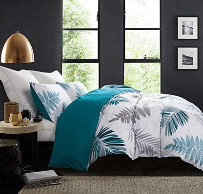 Duvet Cover Set, 600 Thread Count Cotton White Leaf Floral Pattern Print Reversible Comforter Cover Set (King, Peacock Blue-Leaf)