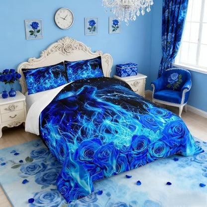 Wolf Sky Comforter Girls Teens 3D Rose Floral Duvet Set Full Size Home Decor Soft Blue Flame Bedding Comforters Romantic Starry Sky All Season Adult Bedroom Down Duvet,1 Comforter with 2 Pillowcase