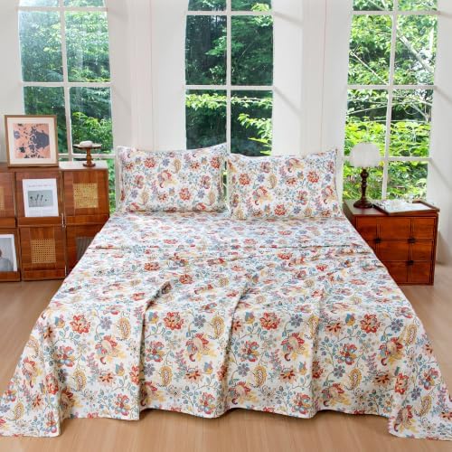 FADFAY Full Ivory 100% Egyptian Cotton Paisley Sheets Set 4 Piece, Vintage Botanical Cottagecore Bedding, Soft Breathable Boho Floral Farmhouse Bedding with Deep Pocket Fitted Sheet for All Seasons