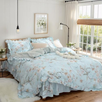 FADFAY Farmhouse Floral Bedding Shabby Blue Bird Print French Countryside Chic Bedding Set Luxury Bedskirt Collections 800 Thread Count 100% Egyptian Cotton, 4 Piece-California King Size