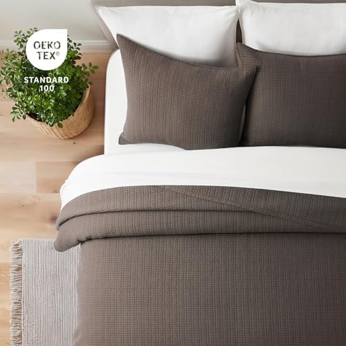 EverGrace 100% Cotton Modern Grid Stitch Quilt Set, Queen Size, Dark Brown