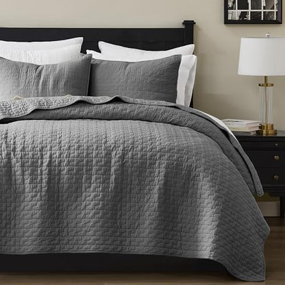 palassio Dark Grey 100% Cotton Quilt Queen Size Bedding Sets with 2 Pillow Shams, Textured Lightweight Soft Bedspread Shabby Chic Coverlet, Quilted Comforter Bed Cover for All Season, 3 Pieces