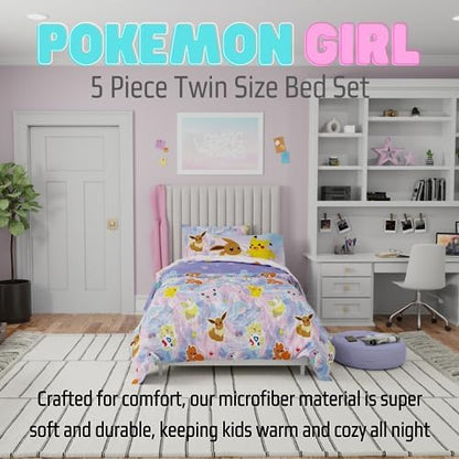 Franco Pokémon Girl Kids Bedding Twin Size – 5 Piece Comforter & Sheet Set with Sham – Super Soft – Eevee, Pikachu & Jigglypuff – (Officially Licensed Product)