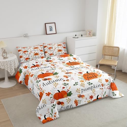 Homewish Pumpkin Pattern Bedding Set - Happy Fall Comforter & Quilt Set for Kids Boys - Autumn Leaves Harvest Season Theme - 1 Comforter Set with 1 Pillowcase - Toddler Size