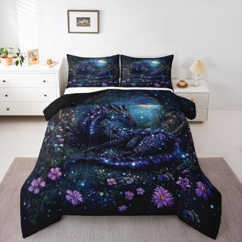Feelyou Dragon Bedding Set Soft for Boys Girls, Jungle Dragon Comforter Set Queen Size Magical Beast Duvet Quilt Microfiber Fantasy Animal Bedroom Decor Wild Life 3 Pcs with 2 Pillow Cases