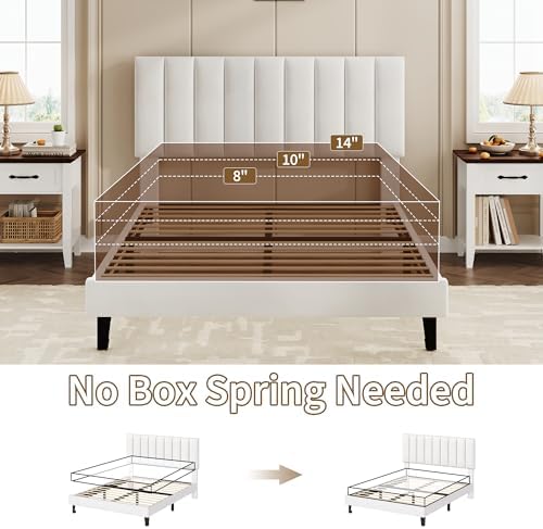Garvee Full Size Platform Bed Frame with Upholstered Headboard, White