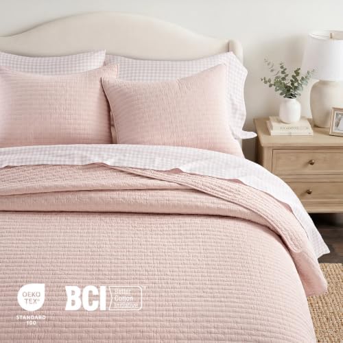EVERGRACE 100% Cotton Cross Stitch 3-Piece Quilt Set, Queen, Ballet Pink