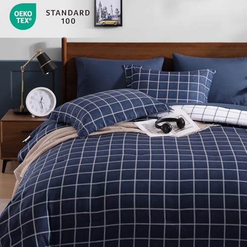 Plaid Full Size Comforter Set Dark Blue 7 Pieces Reversible Bed in a Bag