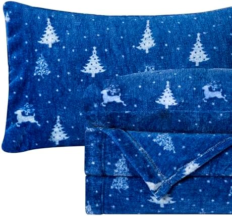 Elegant Comfort Luxuriously Soft 4-Piece Holiday Velvet Plush Flannel Sheet Set- Premium Quality -Cozy Warm, Christmas Fuzzy Velvet Flannel Fleece Deep Pocket Sheet Set- Cal King, Artic Blue Christmas
