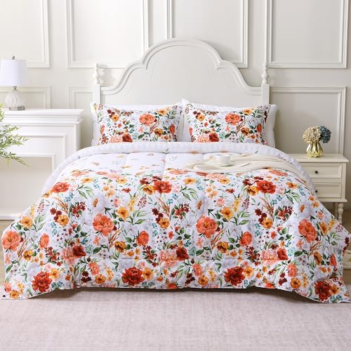 Mooreeke Floral Queen Size Comforter Sets, Vintage Red Blossoms Patterned Bed in a Bag for All Seasons, 3-Piece Farmhouse Rustic Bedding Set with Fluffy Quilted Reversible Comforter & 2 Pillow Shams
