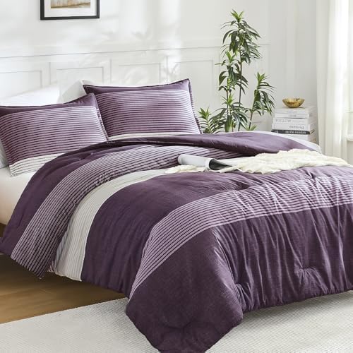 Litanika Purple Super King Comforter Set - 3 Pieces Stripe Bed Set