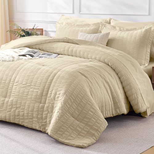 FreshCulture Twin Size Comforter Set Seersucker 5 Pieces, All Season Bedding Set Twin, Soft Bed in a Bag Comforter Set with Comforter, Flat Sheet, Fitted Sheet, Pillowcase and Pillow Sham, Beige