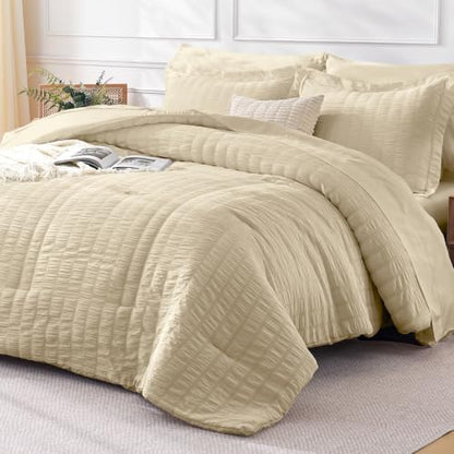 FreshCulture Twin Size Comforter Set Seersucker 5 Pieces, All Season Bedding Set Twin, Soft Bed in a Bag Comforter Set with Comforter, Flat Sheet, Fitted Sheet, Pillowcase and Pillow Sham, Beige