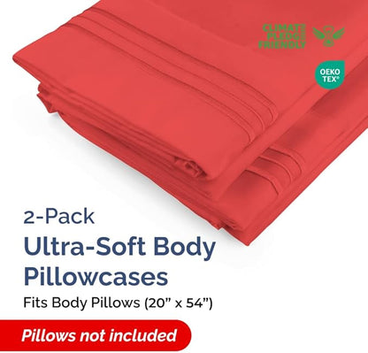 Body Pillowcases Set of 2-20x54 Long Body Pillow Case - Soft Body Pillow Cover for Sleeping & Side Sleepers - Comfy, Wrinkle & Fade Free - Machine Washable w/Envelope Enclosure Red