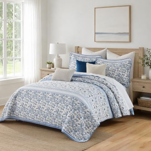 King Size Quilt Set - Blue and White Quilt - 100% Cotton Floral Bedspread