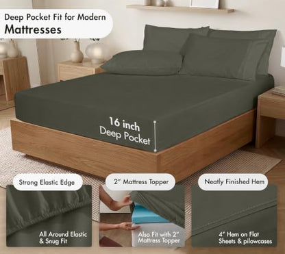 RUVANTI 100% Cotton Twin XL Sheets, Percale Weave Twin XL Set, Deep Olive