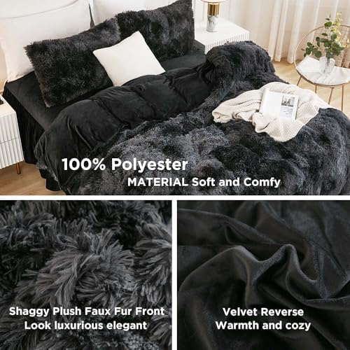 Andency Tie-Dyed Black Grey Twin Comforter Set, Fluffy Faux Fur Bedding Set