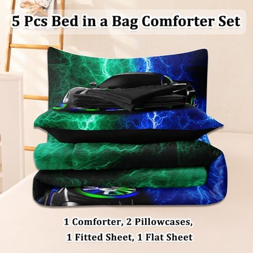 5 Pcs Twin Car Bedding Sets for Boys Teen, Blue Green Lightnings Car Twin Comforter Set for Boys, Twin Boy Bedding Set