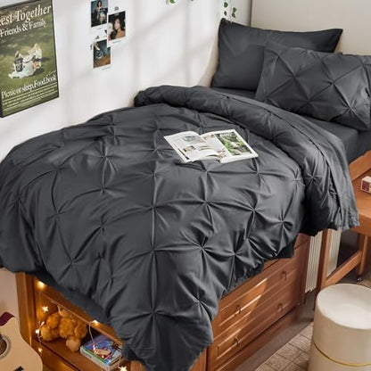 JOLLYVOGUE Twin XL Comforter Set 5 Pieces - Bed in a Bag Twin XL for All Season, Pintuck Bedding Comforter Sets with Comforter, Flat Sheet, Fitted Sheet and Pillowcases & Shams, Dark Grey
