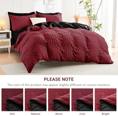 HYMOKEGE Red/Black Oversized Queen Comforter Set Seersucker 7 Pieces, All Season Luxury Bed in a Bag for Bedroom, Bedding Set with Comforter, Sheets, Pillowcases & Shams