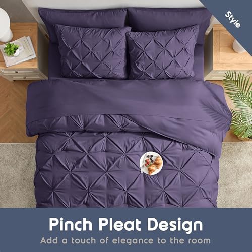 Nestl 9 Piece Full Comforter Set – Purple Pinch Pleated Bed in a Bag – Complete Full Size Bedding Set with Sheets, Set of 2 Cooling Pillows, Pillowcases and Shams