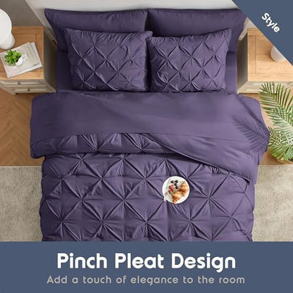 Nestl 9 Piece Full Comforter Set – Purple Pinch Pleated Bed in a Bag – Complete Full Size Bedding Set with Sheets, Set of 2 Cooling Pillows, Pillowcases and Shams