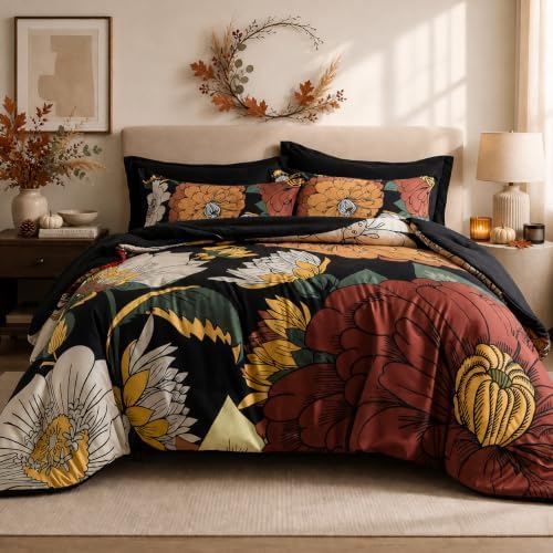 Tyrot Black Boho Floral Queen Comforter Set - 3 Piece Farmhouse Botanical Bedding Comforter Sets for All Season Soft Lightweight Mid Century Bed Set, (1 Reversible Comforter and 2 Pillow Shams