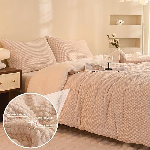LLanCL 3D Jacquard Design Comforter Set, Ultra-Soft Warm Full Size Sherpa Fur Plush 3-Pieces Sets Luxury Cozy Bedding with 2 Pillowcases (80"x90", Cream White)
