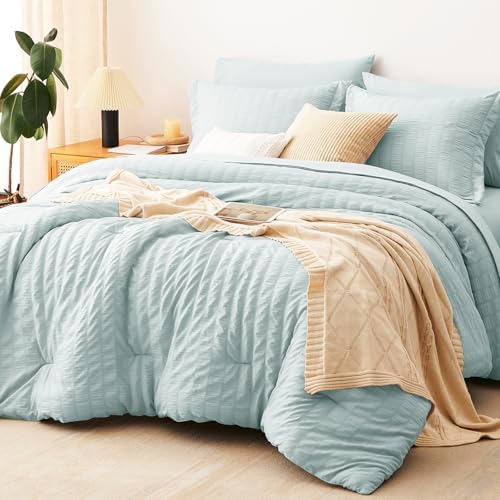 CozyLux Full Size Comforter Sets, 7 Pieces Ice Blue Seersucker Bed in a Bag