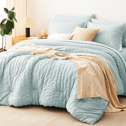 CozyLux Full Size Comforter Sets, 7 Pieces Ice Blue Seersucker Bed in a Bag