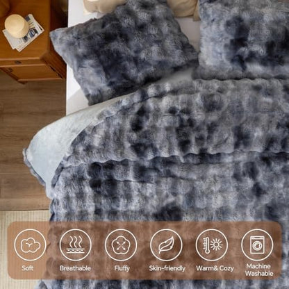BEDELITE Tie Dye Faux Fur Comforter Set King,Thick Winter Comforter,Grey