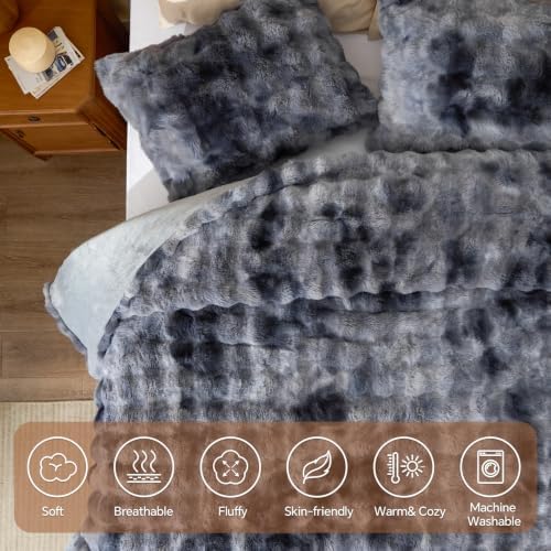 BEDELITE Tie Dye Faux Fur Comforter Set Twin,Thick Winter Comforter,Grey