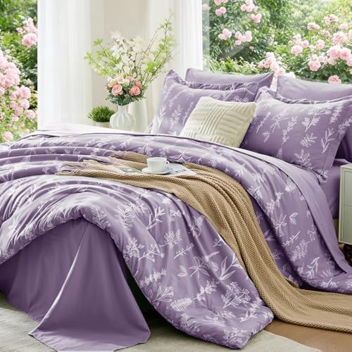 MUXHOMO Grayish Purple Bed in a Bag King 7 Pieces, King Comforter Set Reversible Botanical Flowers Design, Ultra Soft & Breathable Bedding Sets with Comforter, Sheets, Pillowcases & Shams