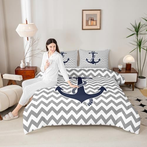 Castle Fairy Nautical Anchor Comforter Set Twin Size,Geometric Gray Stripe Bedding Set 2pcs for Kids Teens Adults Room Decor,Ocean Adventure Themed Quilt Set Modern Abstract Duvet Insert,1 Pillowcase