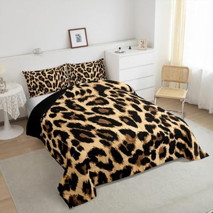 Black Brown Leopard Print Comforter Set Women Cheetah Printed Bedding Set Men Africa Animal Wildlife Duvet Set for Kids Girls Teens Bedroom Decor Luxury Home Hotel Room Soft Comforter King Size 3Pcs