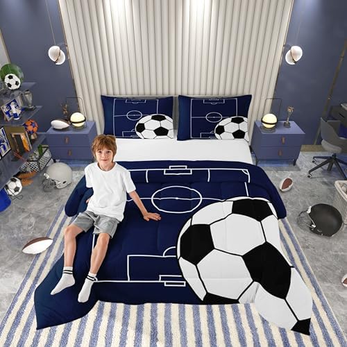 Castle Fairy Boys Soccer Sports Theme Comforter/Duvet Set King Size,Football Ultra Soft Bed Collection,Football Court Blue White Bedding for Room Decor 3 Pcs,Microfiber Breathable