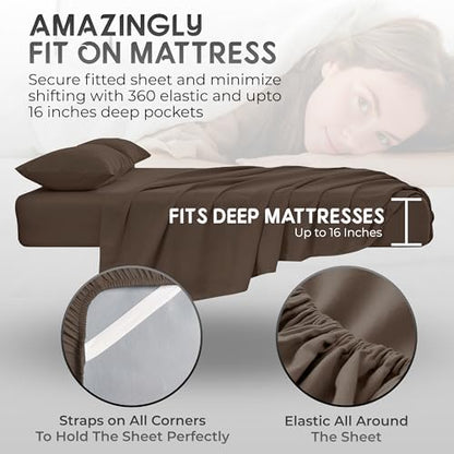 Top Split King Sheets Sets for Adjustable Bed, 4 Pcs Deep Pockets Double Brushed Microfiber Sheets, 34 Inch Split Top Fitted Sheet, 1 King Flat Sheet and 2 Pillowcases - Chocolate