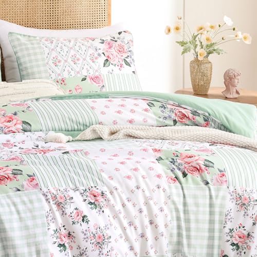 YIKUSH Green Floral Queen Comforter Set, Soft Lightweight All Season Bedding Set for Women Girls, Cozy Cottagecore Botanical Comforter Queen Size with 2 Pillow Shams, Breathable Floral Bed Set