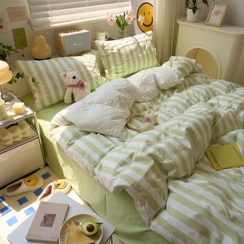 VM VOUGEMARKET Kids Teens Duvet Cover Twin Size Green White Striped Bedding Set Green Stripes Comforter Cover 68"x86"