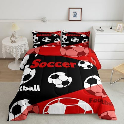 Manfei American Soccer Comforter Set King Size, Black White Football Bedding Set 3pcs, Sports Theme Red Down Comforter All Season, Kids Boys Teens Room Decor, Soft and Lightweight, 2 Pillowcases