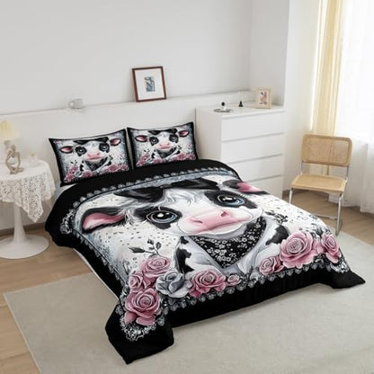 Feelyou Kids Cute Highland Cow Comforter Set Queen Size Highland Cattle Bowknot Bedding Set Boys Girls Flowers Floral Pattern Quilt Set Western Farmhouse Animal Bed Set