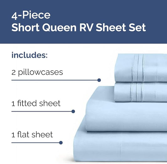 Short Queen Size 4 Piece Sheet Set - RV Short Queen, Soft, Breathable & Cooling Bed Sheets Set w/ Deep Pockets - Hotel Luxury Bedding for Women, Men, Kids, Teens, Boys & Girls - Oeko-Tex - Light Blue