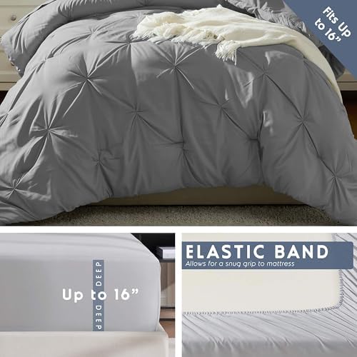 Nestl 7 Piece Twin XL Comforter Set – Grey Pinch Pleated Bed in a Bag – Complete Twin XL Size Bedding Set with Sheets, Set of 2 Cooling Pillows, Pillowcase and Sham