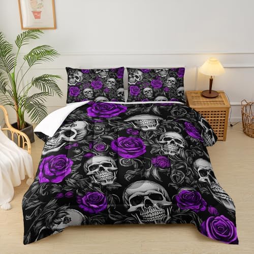 Sugar Skull Full Size Comforter Set Floral Bedding Set,Gothic Skull Bedding Set for Boys Girls,Skeleton Bone Rose Blossoms Print Halloween Quilt Set,Horror Comforter Set for Bedroom Decor